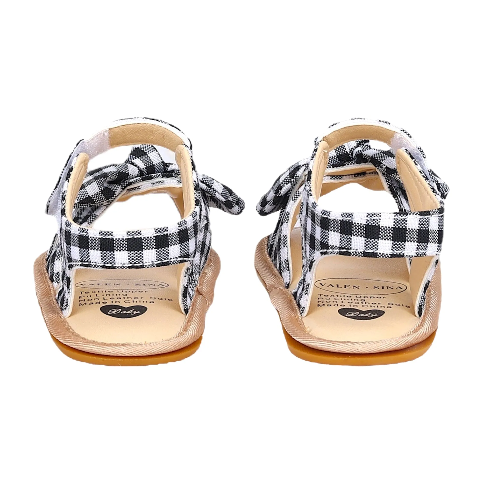 Baby Moo Checks Bow Knot Velcro Strap Anti-Skid Open Toe Sandals - Black