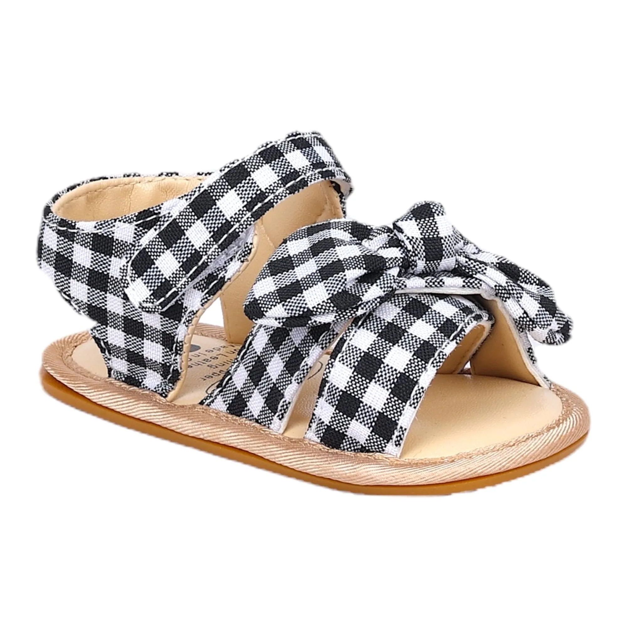 Baby Moo Checks Bow Knot Velcro Strap Anti-Skid Open Toe Sandals - Black