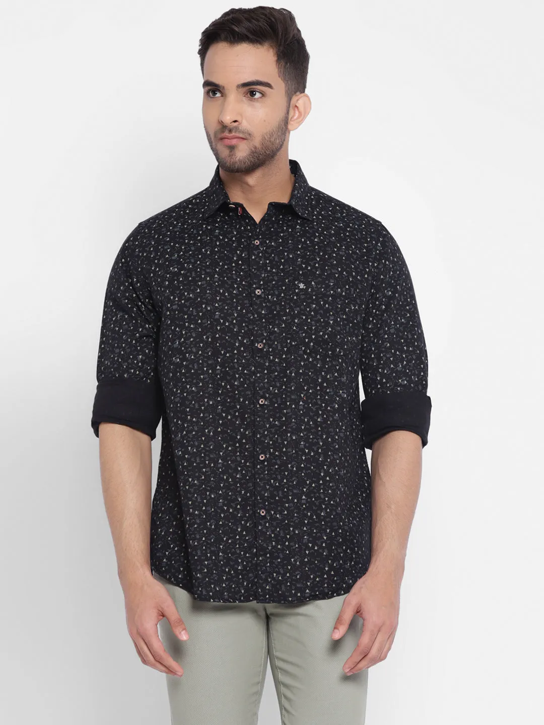 Black Cotton Printed Slim Fit Casual Shirt