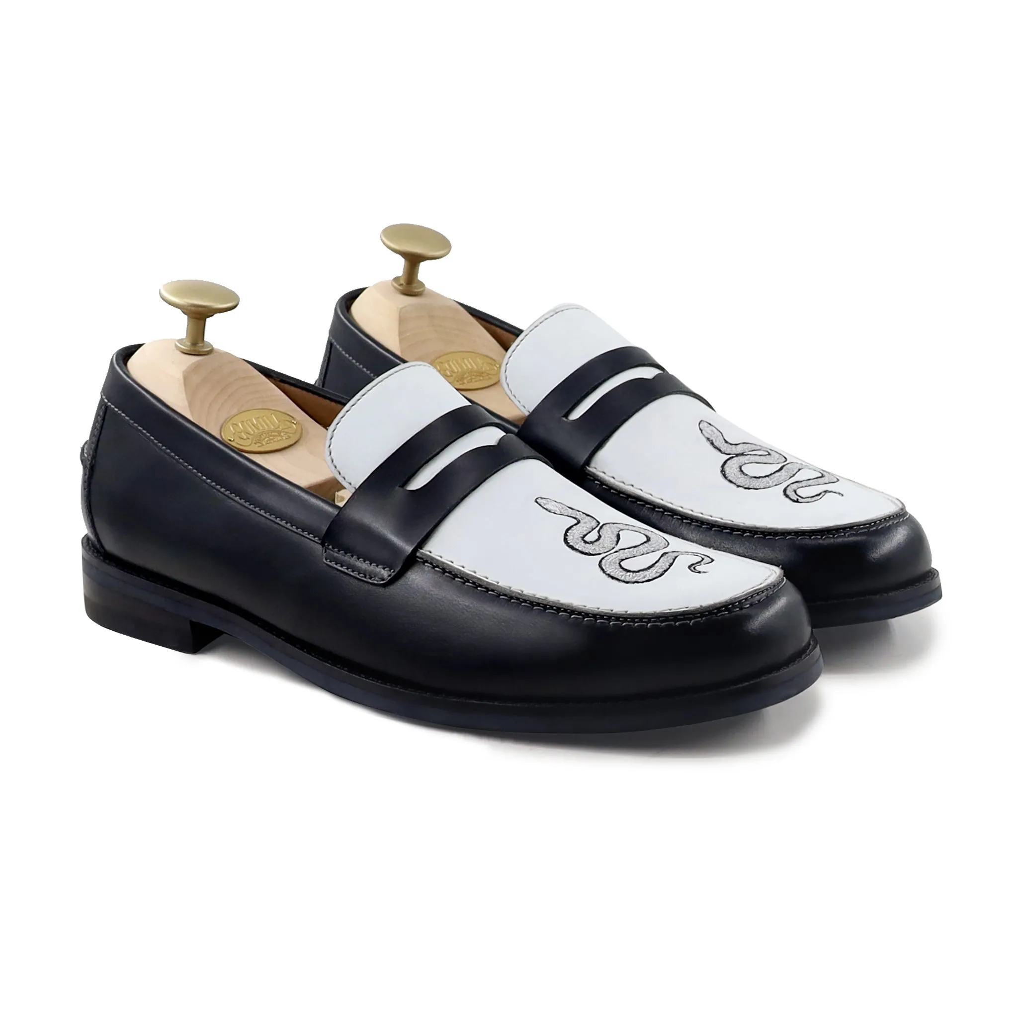 Boulia - Men's Black and White Calf Leather Loafer (Snake Embroidery)