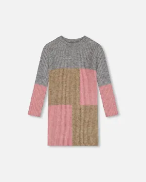 Colorblock Sweater Dress Gray, Golden And Pink