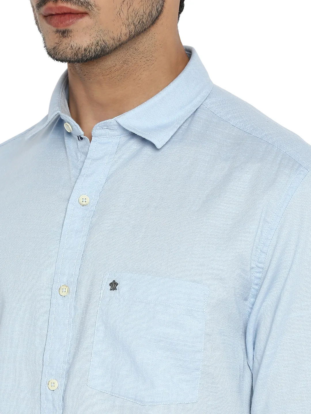 Cotton Sky Blue Slim Fit Self Design Casual Shirt