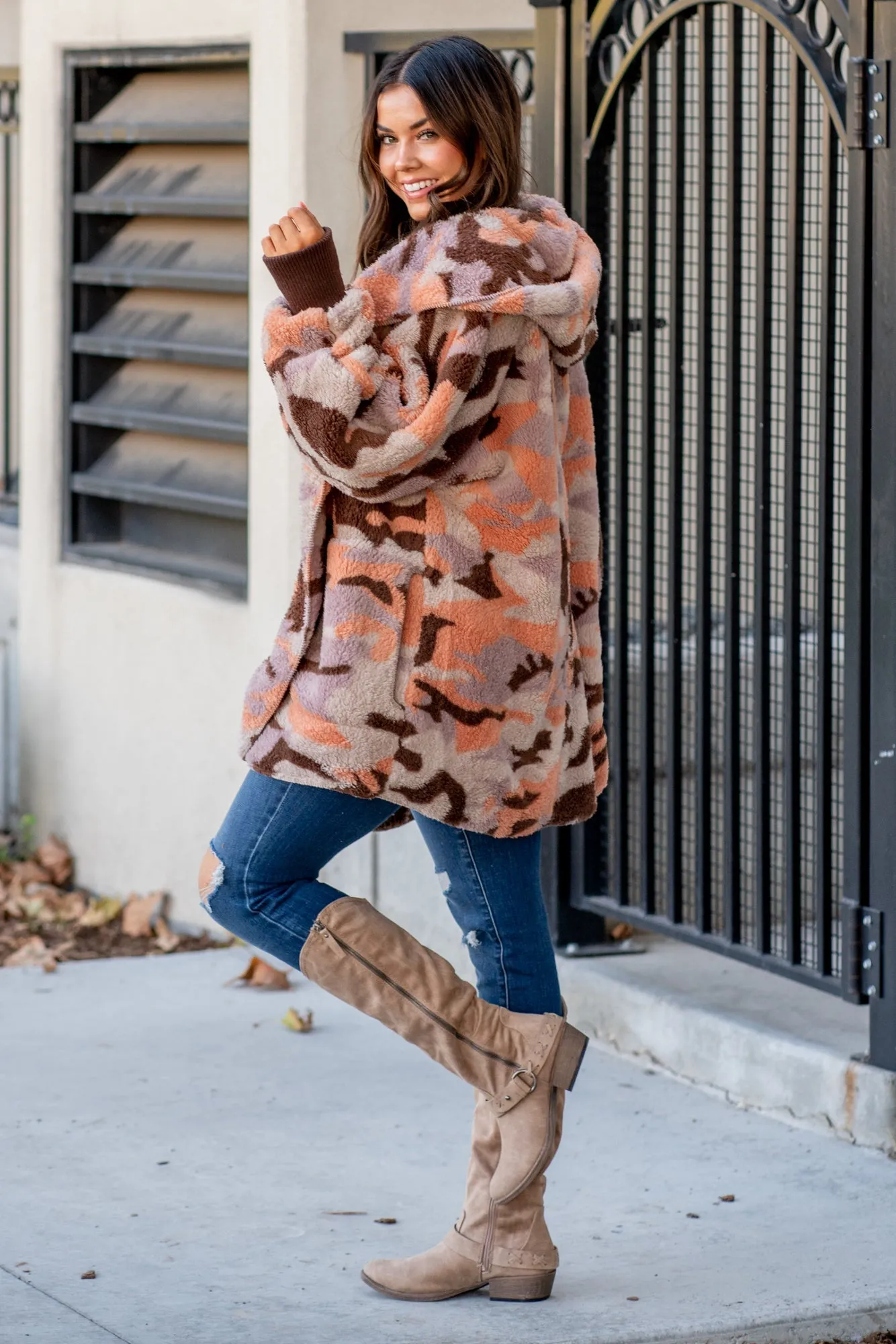 Cozy Camouflage Sherpa Jacket - Apricot