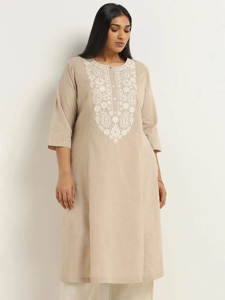 Diza Beige Floral Embroidered Cotton Kurta