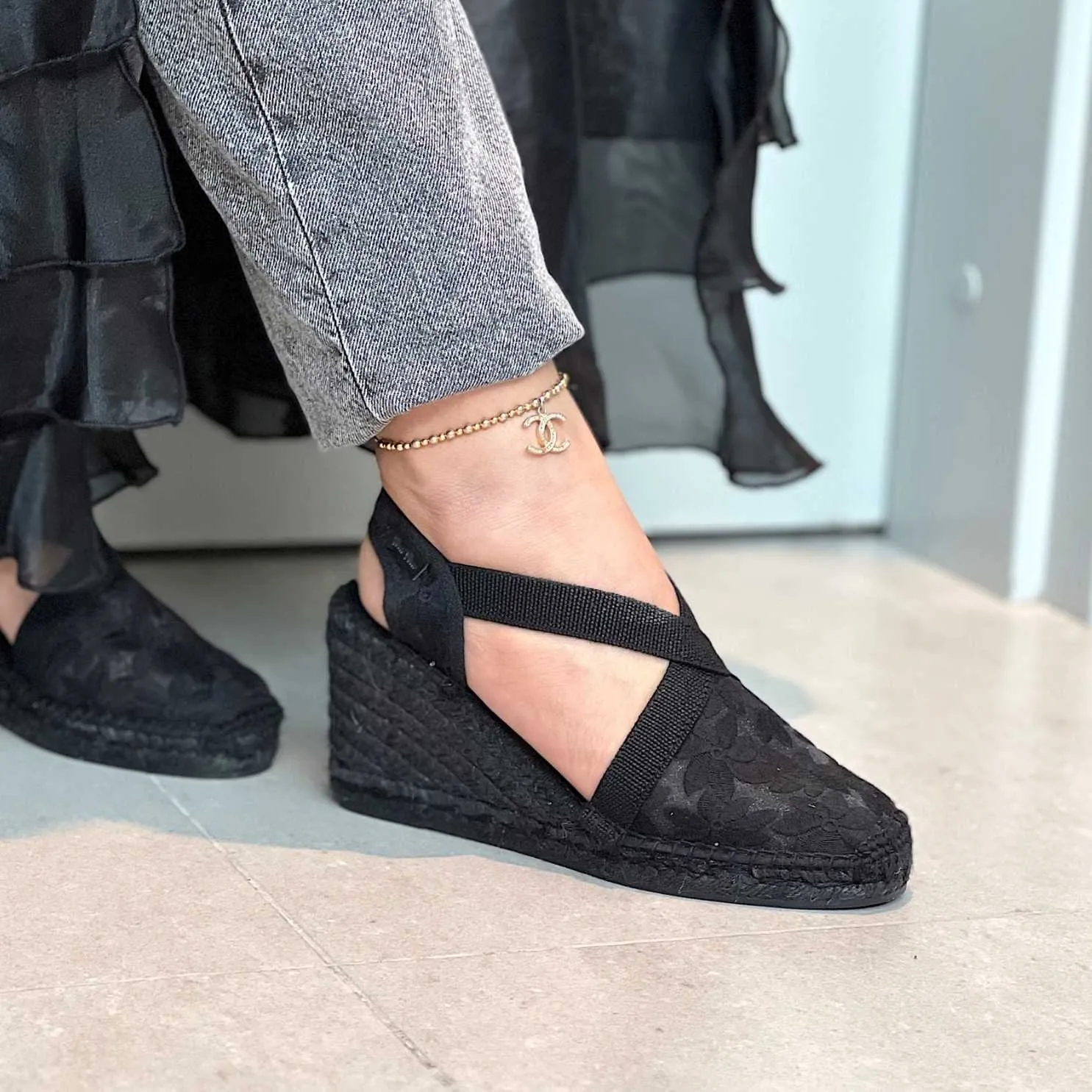 Embroidered Black Cotton Blend Wedge Espadrille for Women - Terra-7FBK