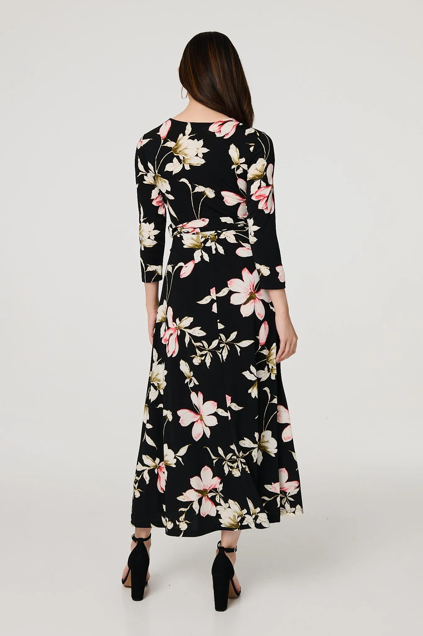 Floral Tie Waist 3/4 Sleeve Maxi Dress