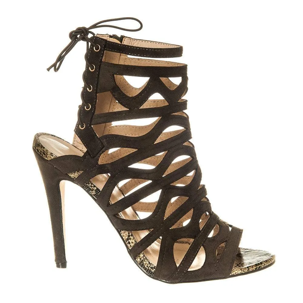 High Stiletto Heel Open Toe Strappy Tie Back Shoe