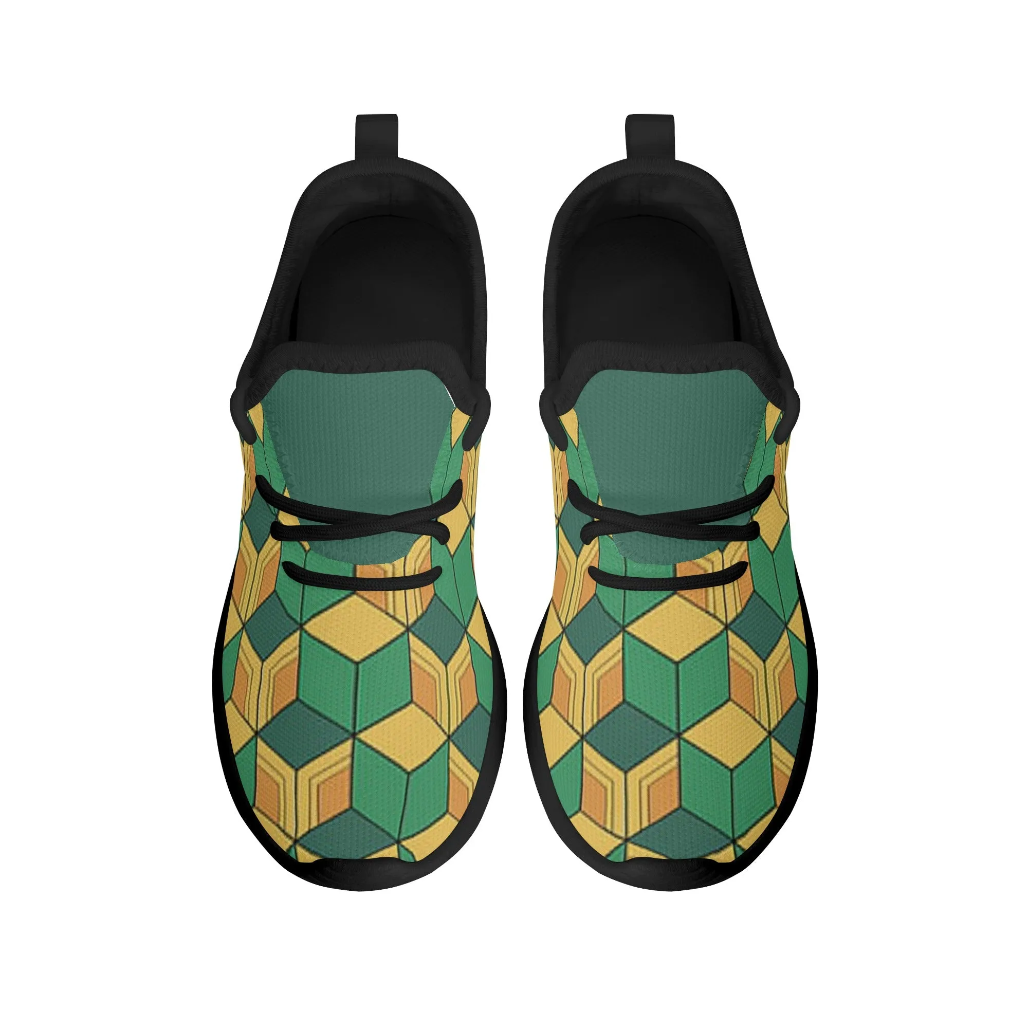 Kids Running Shoes | Mesh Knit Sneakers for kids 7-12 | Anime Slayer of Demon | Green Yellow Pattern