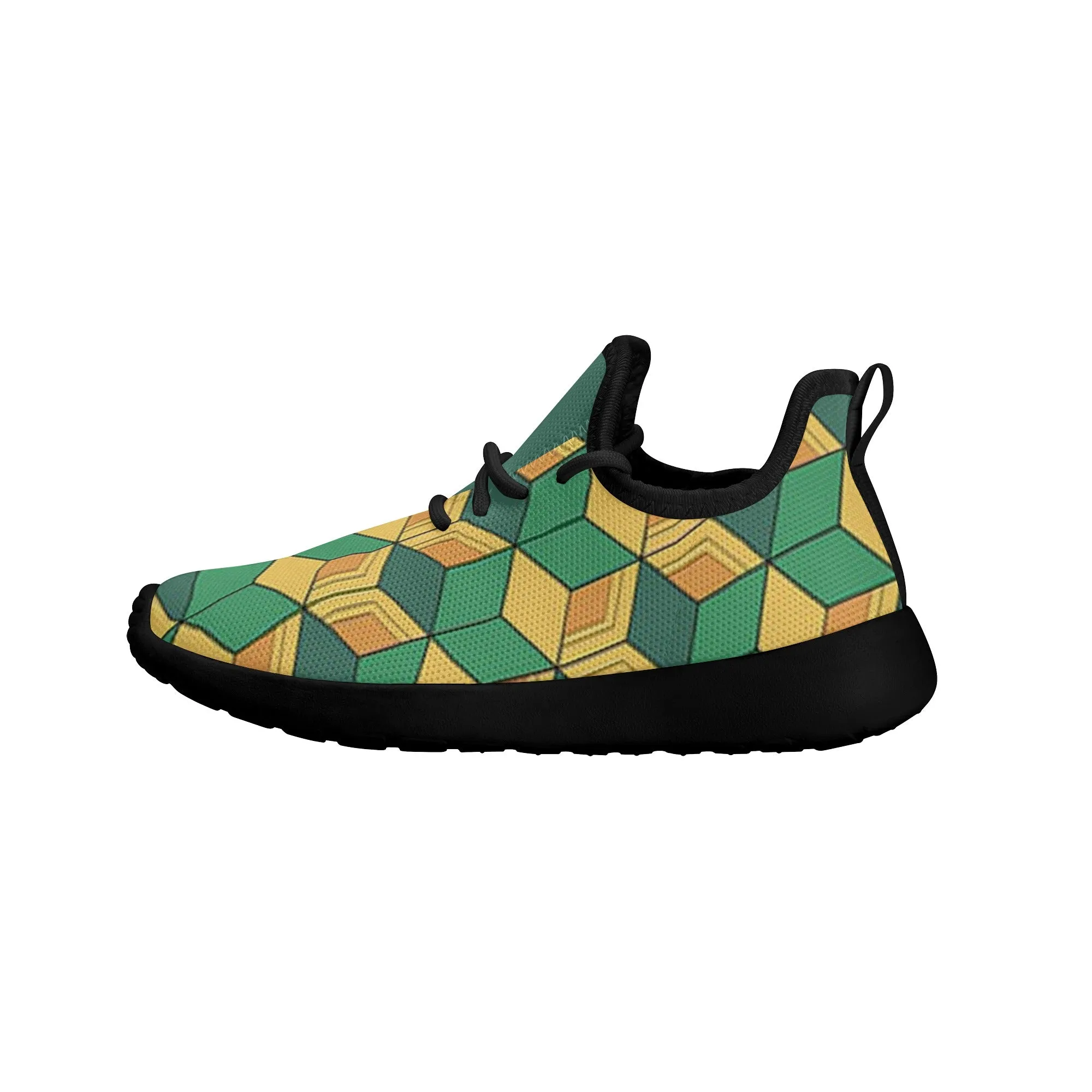 Kids Running Shoes | Mesh Knit Sneakers for kids 7-12 | Anime Slayer of Demon | Green Yellow Pattern