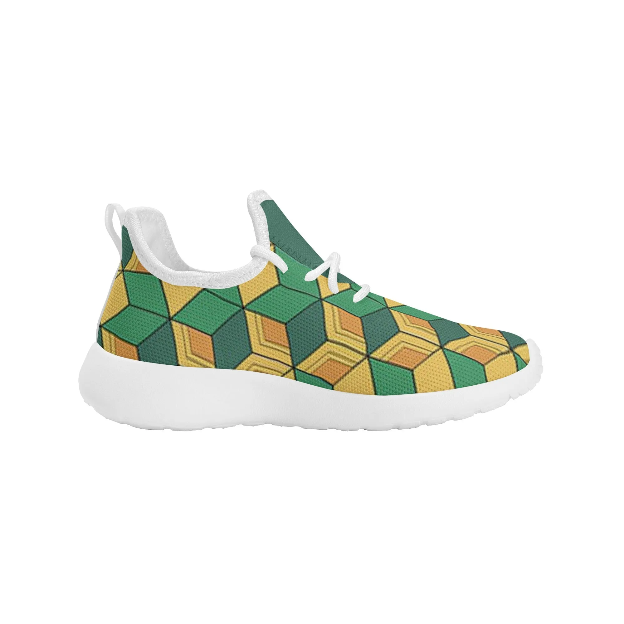 Kids Running Shoes | Mesh Knit Sneakers for kids 7-12 | Anime Slayer of Demon | Green Yellow Pattern