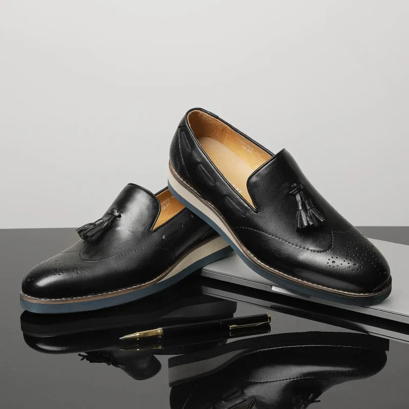 LuxeLeather Embossed Brogue Slip-On Loafers