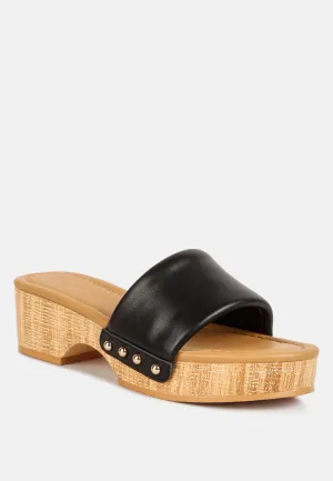 MINNY Textured Heel Leather Slip On Sandals in Black