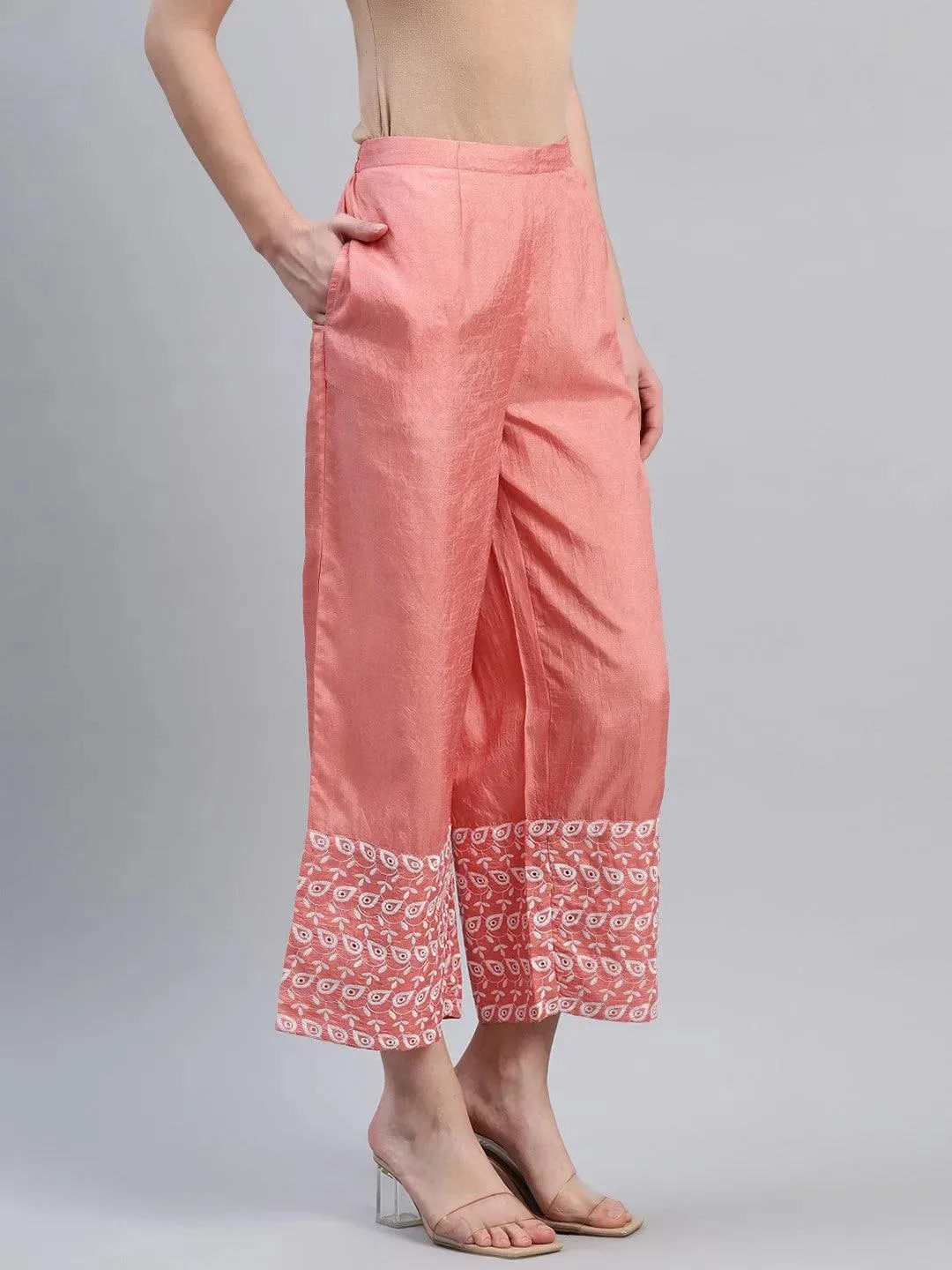 Peach Embroidered Silk Palazzos