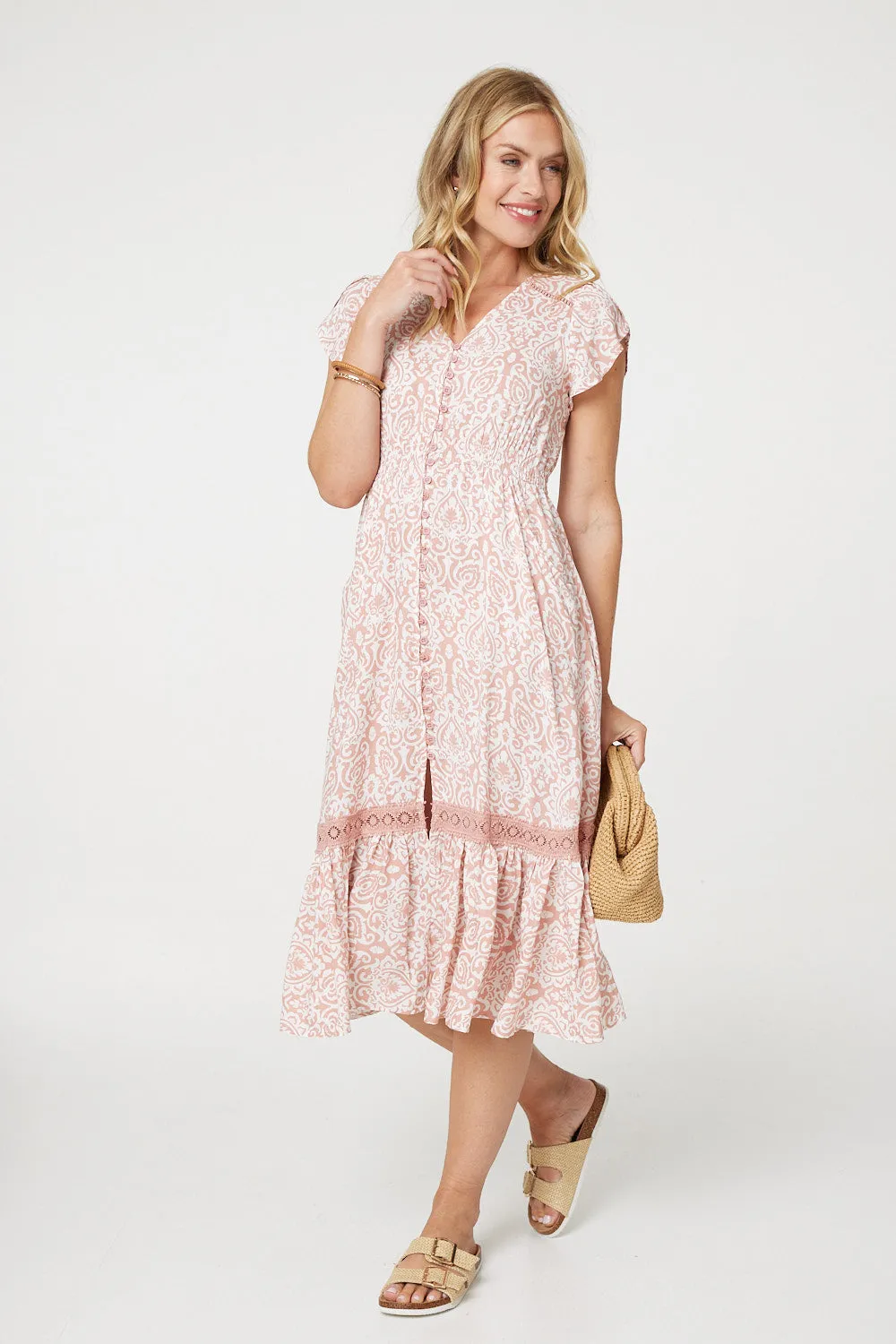 Printed Cap Sleeve Lace Trim Maxi Dress