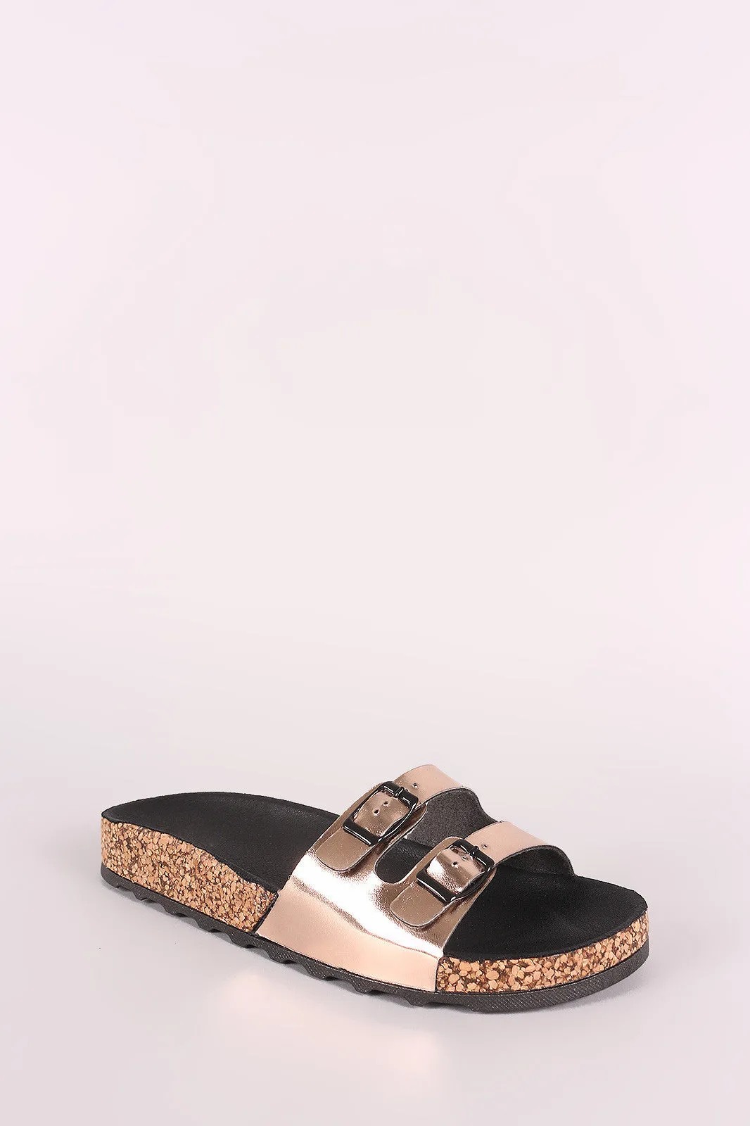 Qupid Metallic Double Buckled Cork Footbed Sandal