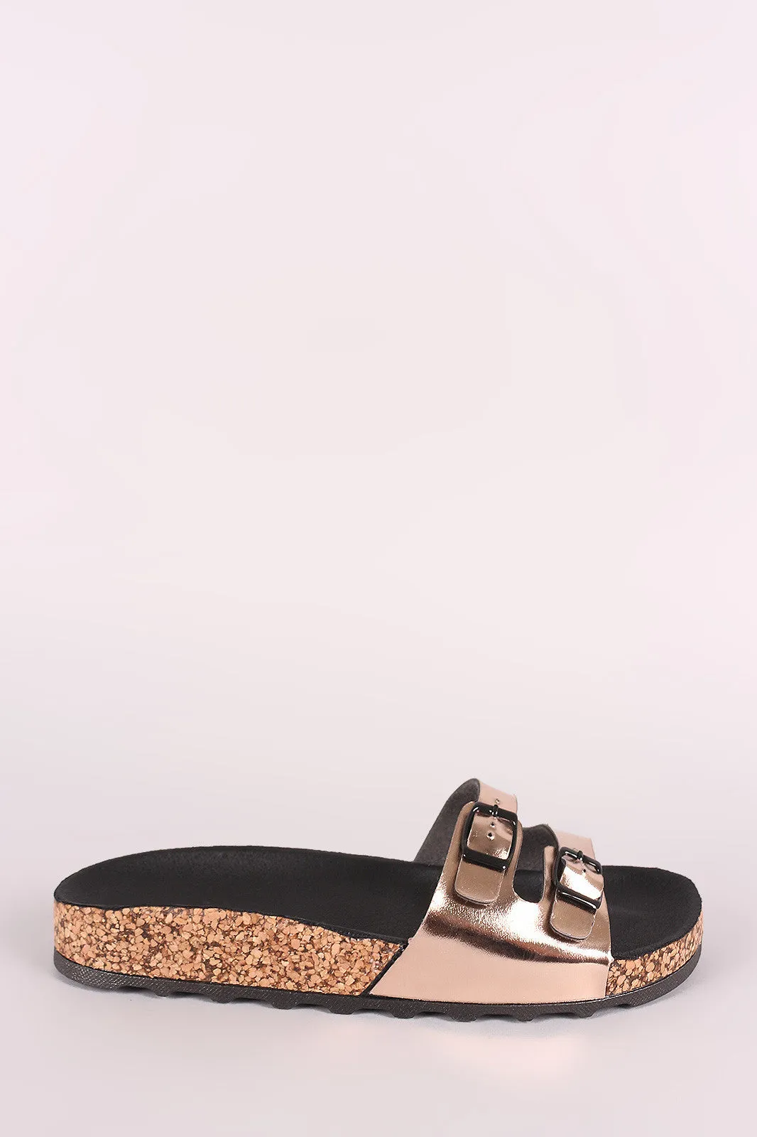 Qupid Metallic Double Buckled Cork Footbed Sandal