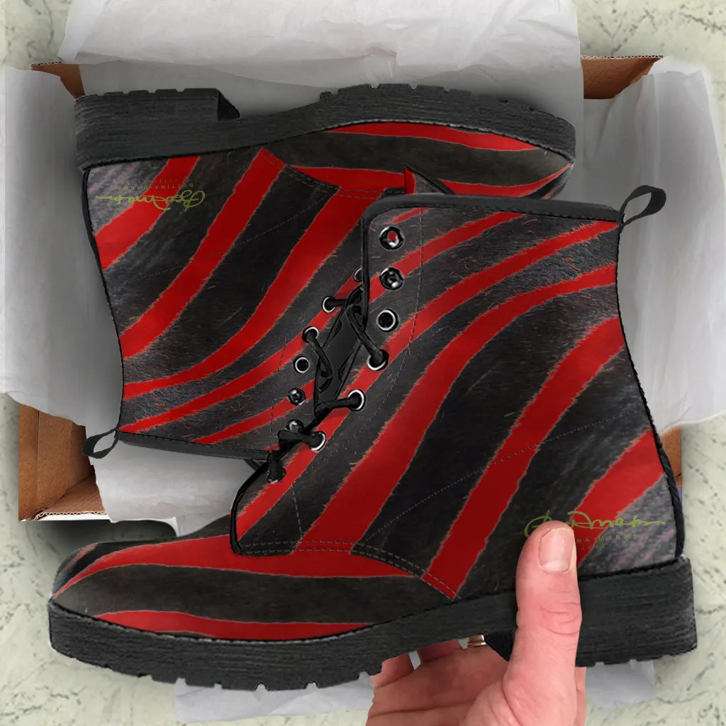 Red Zebra Leather Boots (Vegan)