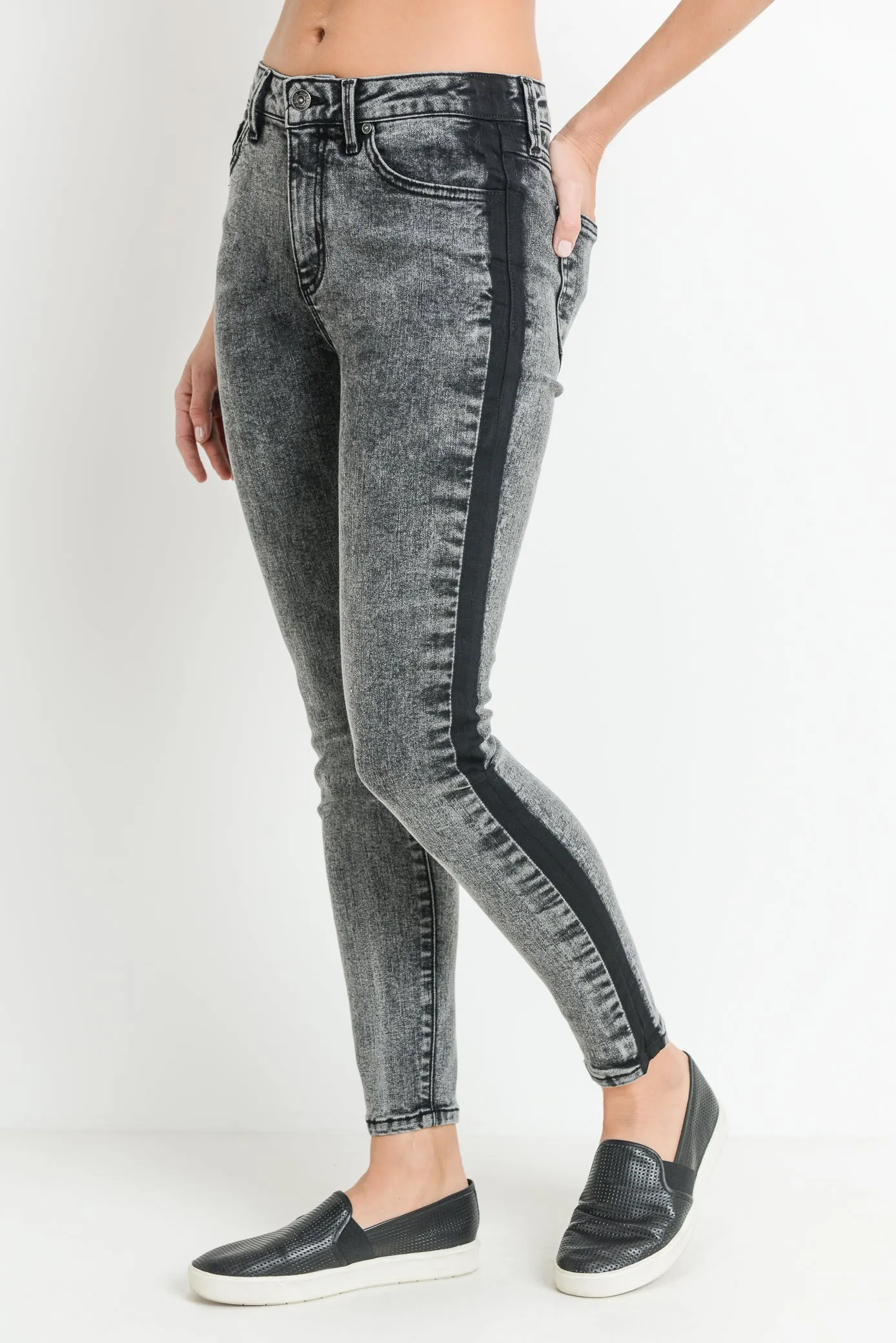 Skinny Black Acid Wash Jeans with Black Side Seam