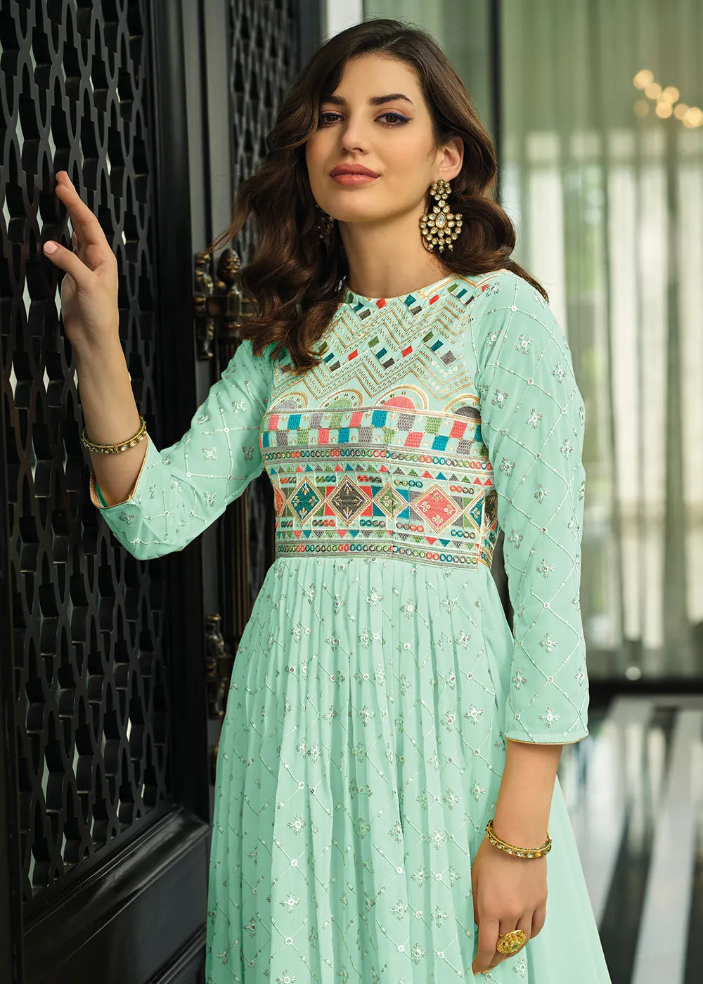 Sky Blue Trendy Georgette Embellished Anarkali Suit