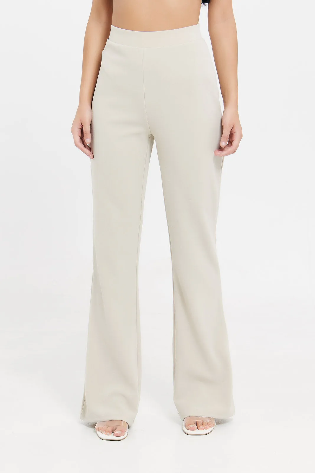 Women Beige Flare Leg High Waist Trouser