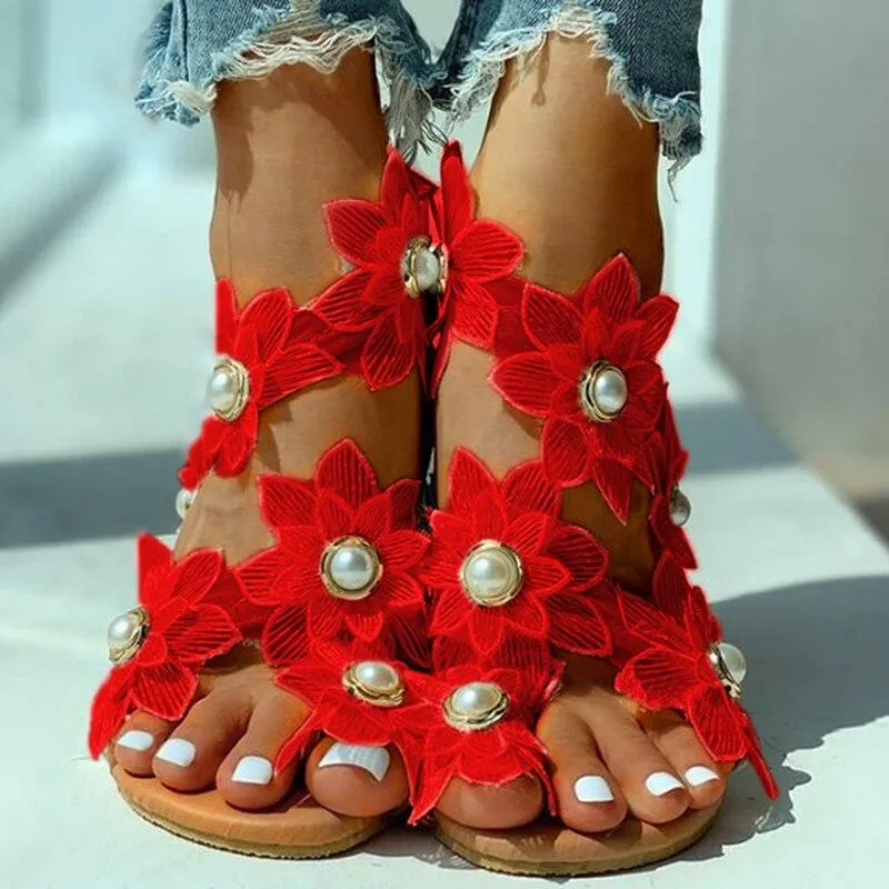 Women Flower Design Flat Bohemian Casual Beach Sandals