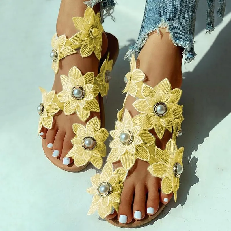 Women Flower Design Flat Bohemian Casual Beach Sandals