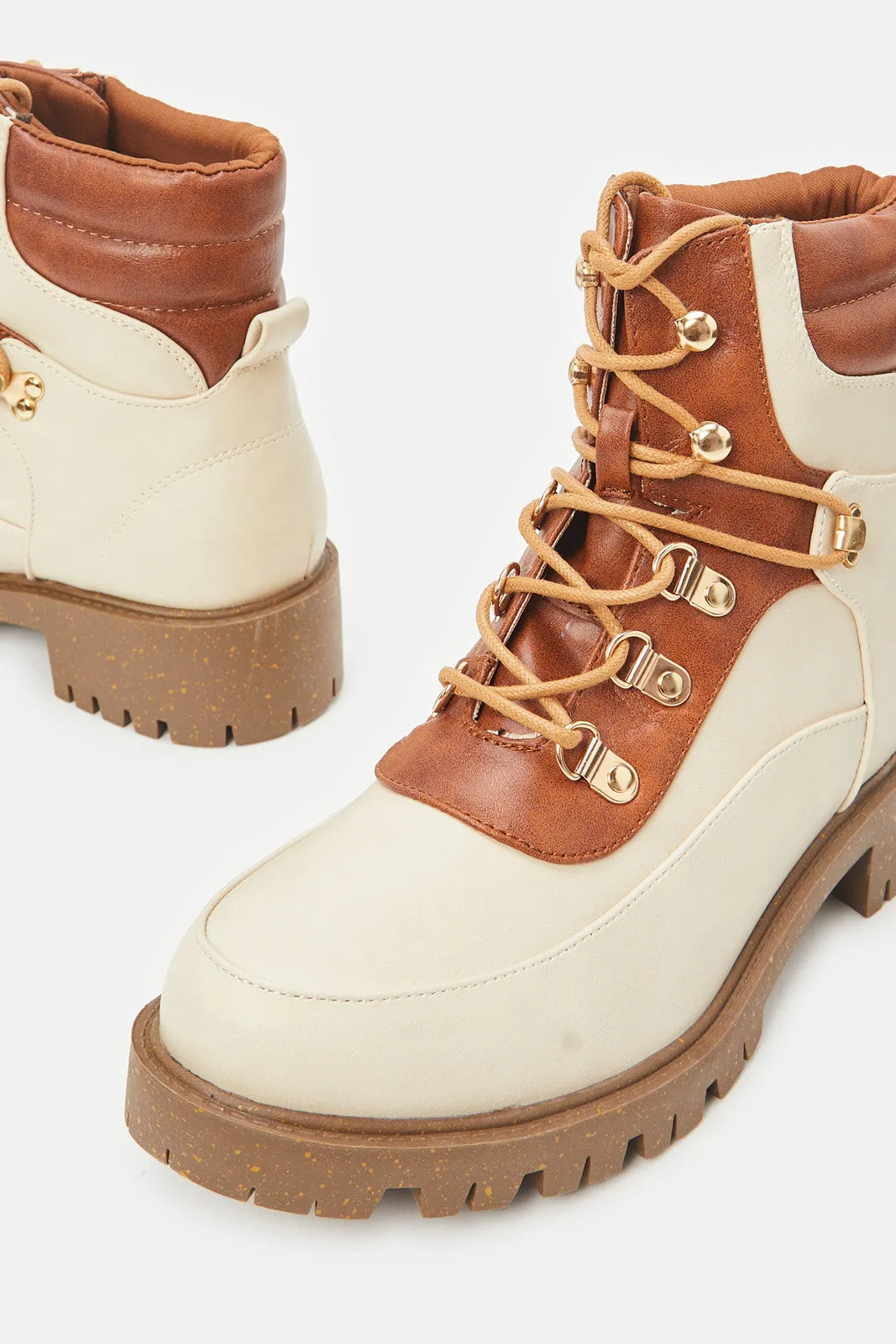 Women Tan And Ivory Lace Up Boot