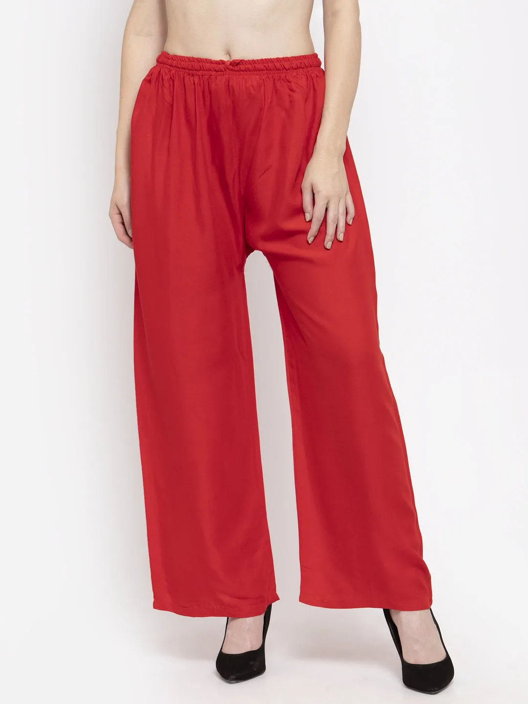 Women'S Red Solid Rayon Palazzo